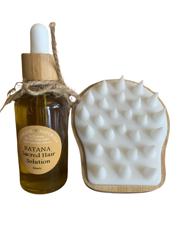 Batana Sacred Hair Solution Pack with Bamboo and Silicone Scalp Massage Brush by Handmade Naturals