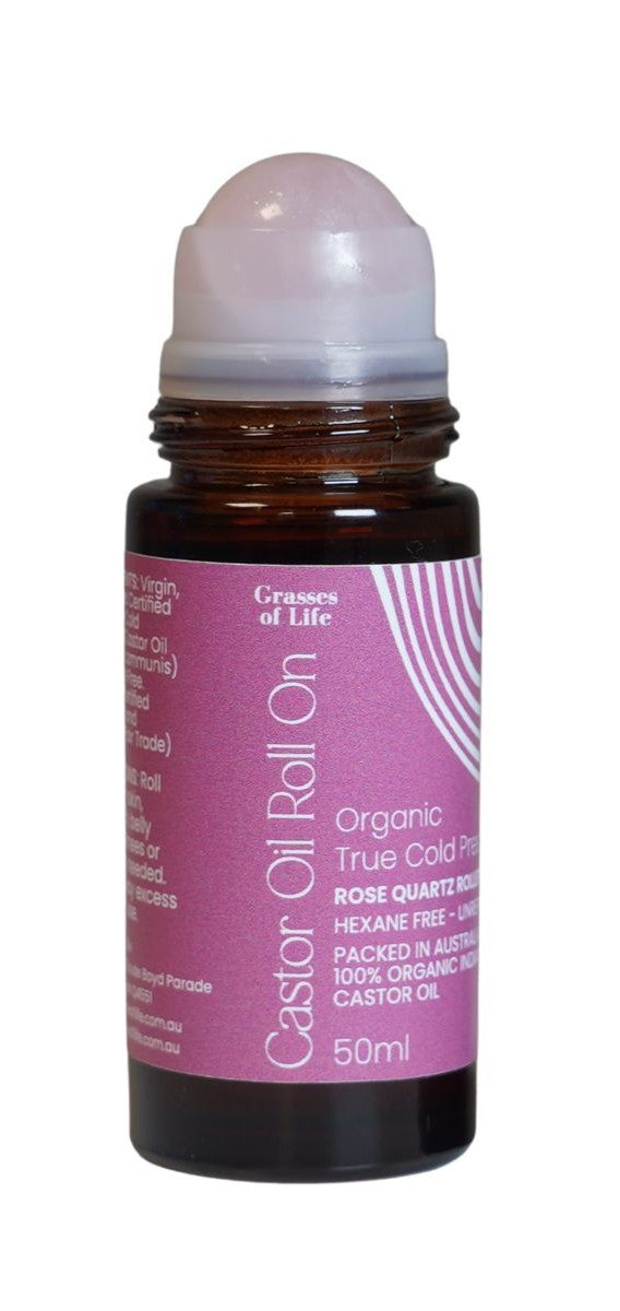 Castor Oil Roll-On with Rose Quartz Roller by Grasses of Life