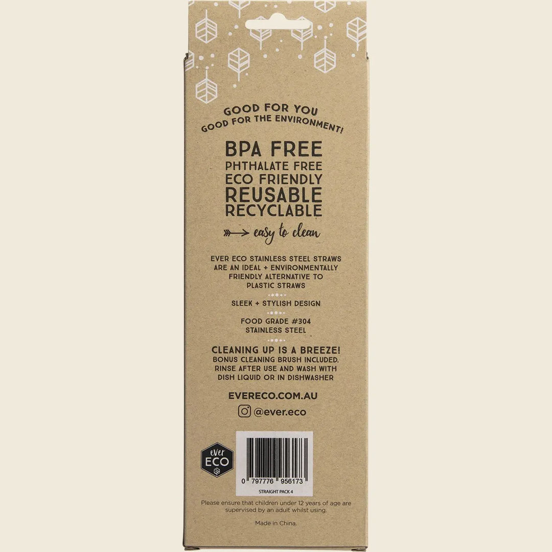 Straws STAINLESS STEEL STRAIGHT (4 Pack) by Ever Eco